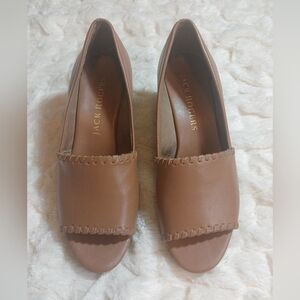Jack Rogers Palmer Wedge Sandals Sz. 7.5M Brown Leather Whipstitch Trim Peep Toe